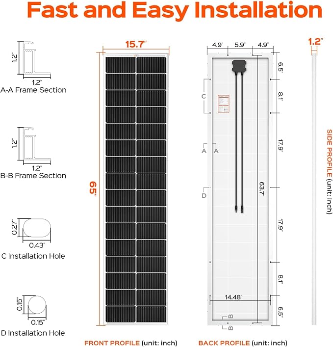 RICH SOLAR MEGA 130 Slim 130 Watt 12 Volt Monocrystalline Solar Panel for RV, Trailer, Motorhome