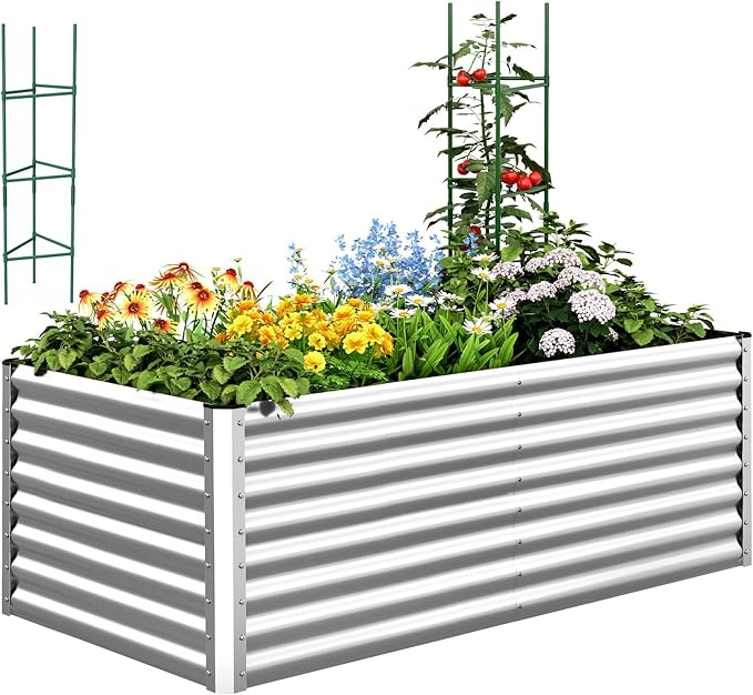 Quictent Galvanized Raised Garden Bed 6x3x2 Ft Metal Planter Box Bottomless for Backyard, Include 1 pc Tomato Cage, Silver