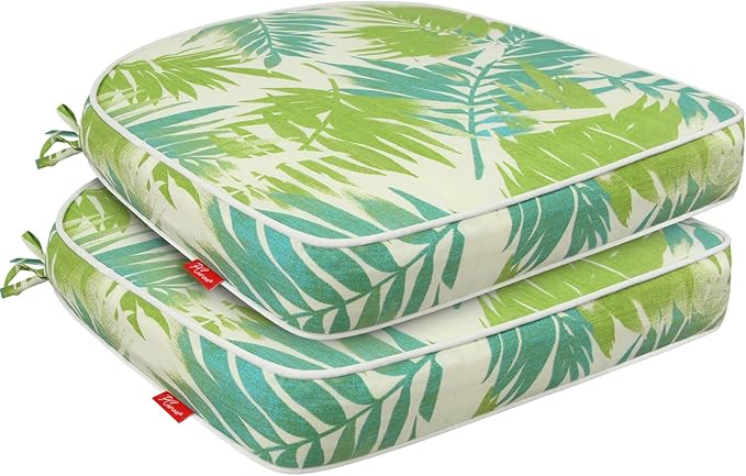 Outdoor Chair Cushions Set of 2, 17x16 Inch U-Shape Patio Seat Cushions with Ties, Water & Fade Resistant High Density Foam Cushions for Garden Patio Chairs, Green Leaf