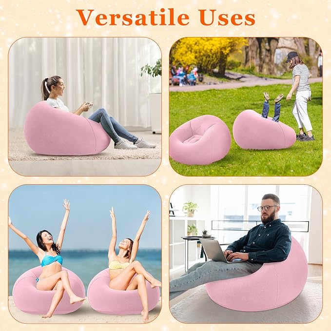 Realspring Inflatable Bean Bag Chairs Outdoor Blow up Camping Chairs Inflatable Lazy Sofa Folding Portable Bean Bag Loungers Couch for Movie Night (Light Pink,2 Pcs)