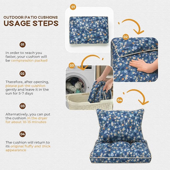 22x22 Waterproof Outdoor Chair Cushions Set of 2, Patio Cushions for Outdoor Furniture Water-Resistant & Fade-Resistant, Deep Seat & Back Cushion for Wicker Sofa (Blue Floral)