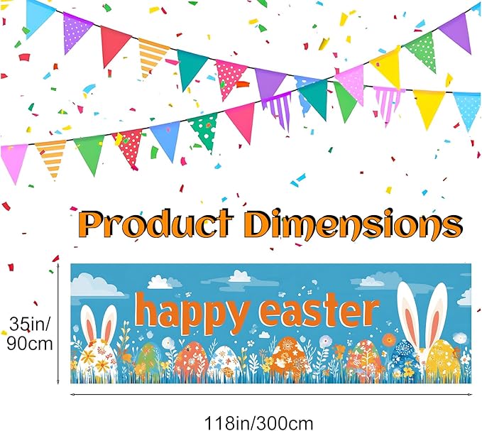 10x3 ft Extra Large Happy Easter Banner Outdoor 115''x35'' Cut Rabbit Banner for Fence Outside Garden Large Bunny Banners Yard