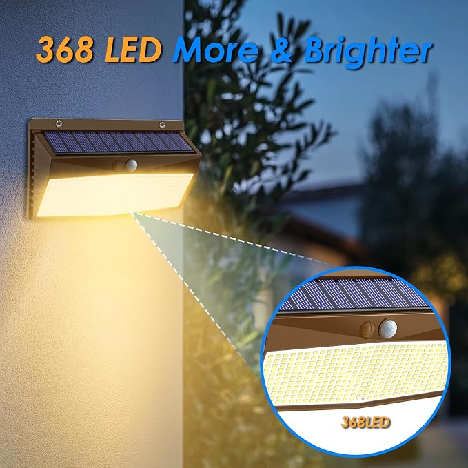2 Pack 368 LED Solar Lights Outdoor Motion Sensor, Solar Fence Light with 3 Lighting Modes, Solar Powered Security Lights Waterproof for Outside Yard Wall Garden Backyard,Brown Warm