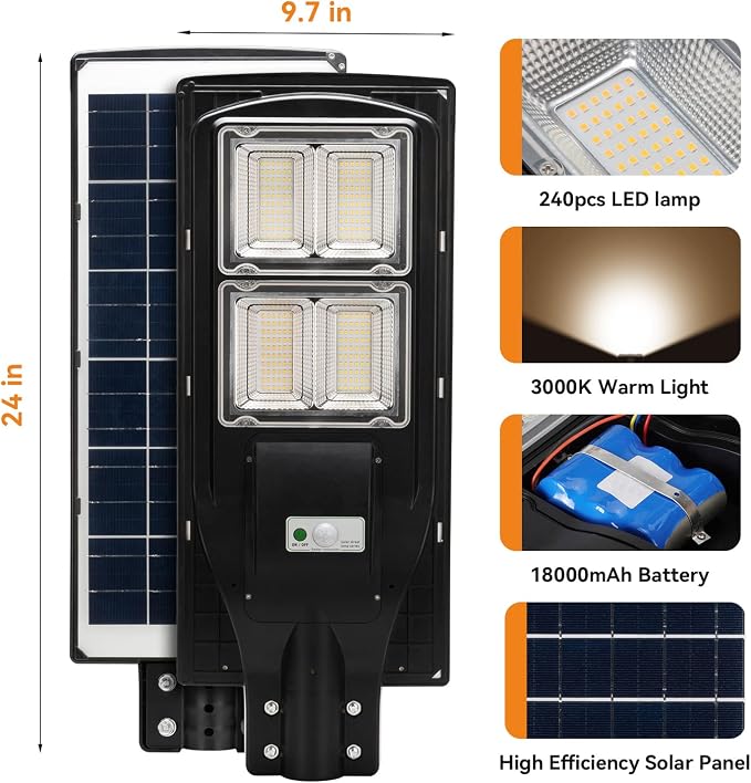 LANGY 3000k Warm White Solar Street Lights Outdoor,Commercial Parking Lot Lights Yellow 180 LEDs Chips Light with Motion Sensor & Dusk to Dawn IP67 with Remote Control for Barn, Yard, Pathway