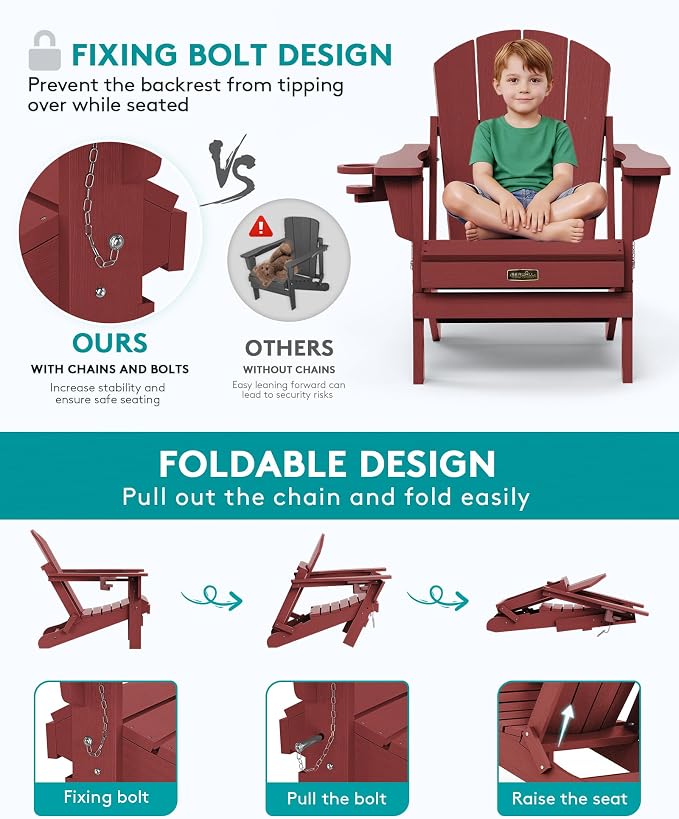 SERWALL Folding Adirondack Chair Outdoor Adirondack Chairs Weather Resistant Fire Pit Chairs for Patio - Red