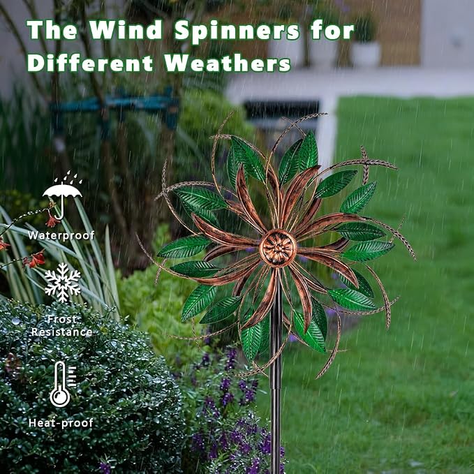 DREAMYSOUL Wind Spinners Outdoor, 360 Degree Rotation Double Layer Metal Kinetic Wind Spinner, Wind Sculpture with Green Leaves Blades for Yard and Garden Lawn Decor