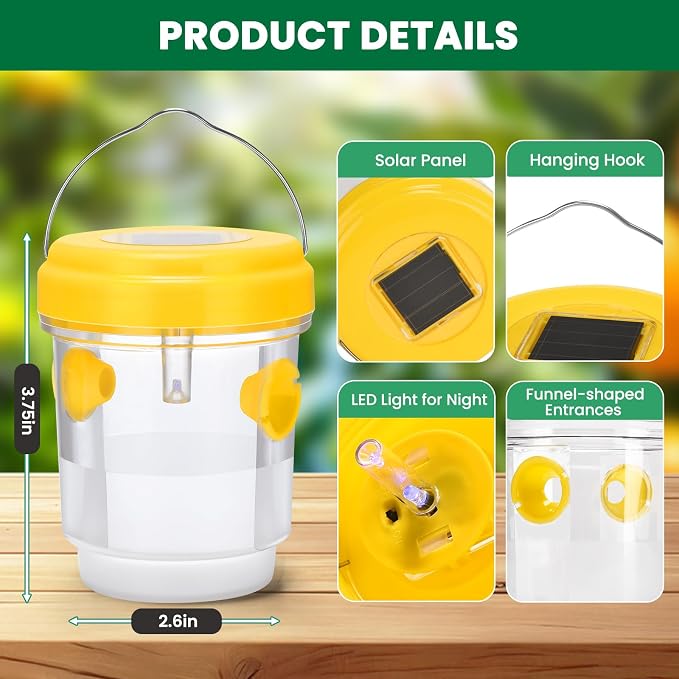 Wasp Trap, Solar Wasp Traps Outdoor Hanging, Reusable Yellow Jacket Hornet Trap with LED Light for Outside Garden, Patio, Orchard, Camping