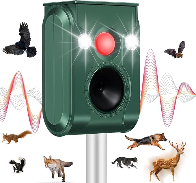 Cat Repellent Outdoor, Solar Ultrasonic Animal Repellent with Motion Detection, Waterproof Deer Repellent Device for Yard Garden Lawn, Effective Against Cat Dog Skunk Raccoon Squirrel