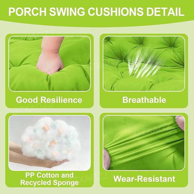 Porch Swing Cushions Outdoor 60 inch Waterproof Thicken 5" Swing Cushions Replacement with Backrest and Ties for Outdoor Furniture Porch Patio Garden Lawn (Green)
