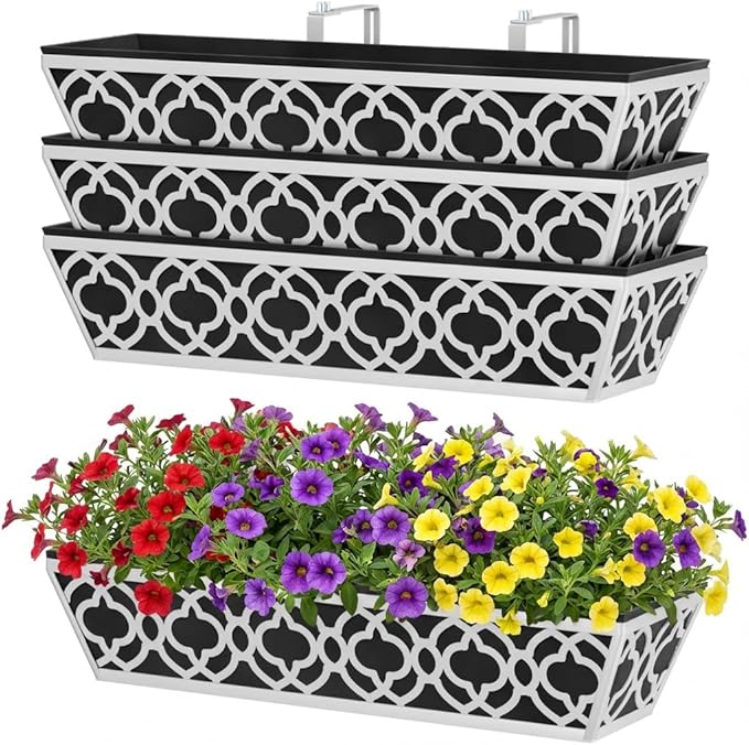 Y&M 4Pcs 24'' Railing Planter Box Set with Black Non-Woven Fabric Liner, Flower Boxes with Adjustable Brackets, Large Metal Hanging Window Boxes for Fence, Deck, Balcony, and Garden