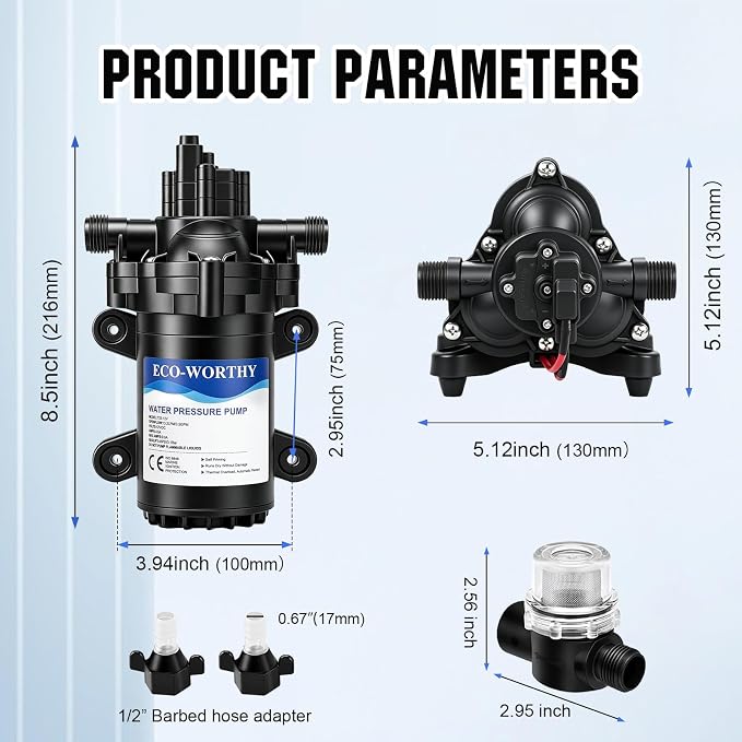 ECO-WORTHY RV Fresh Water Pump 12V DC 3.5GPM 45PSI with Pressure Switch, 12Volt Self Priming Water Pressure Diaphragm Pump On demand for RV Yacht Camper Sprayer Food Truck Black