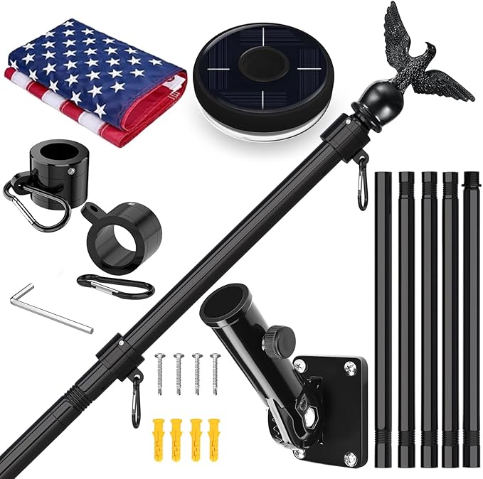 LETSTRY 6FT Black Flag Pole Kit for Outside House with American Flag & Solar Light,1" Thickened Stainless Steel Wall Mount Flagpole with 180°Adjustable Bracket for Residential Outdoor PorchPorch
