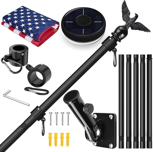 LETSTRY 6FT Black Flag Pole Kit for Outside House with American Flag & Solar Light,1" Thickened Stainless Steel Wall Mount Flagpole with 180°Adjustable Bracket for Residential Outdoor PorchPorch