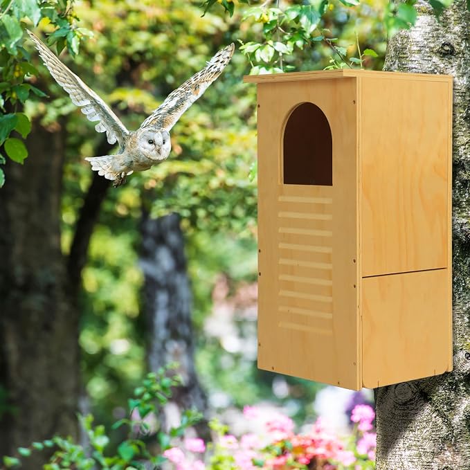 Cinnvoice Large Owl Houses for Outdoors 13" x 13" x 26", Treated Exterior Grade Plywood Owl Nesting Box with Arch Opening Large Bird House for Outside Backyard, Easy Assembly Required