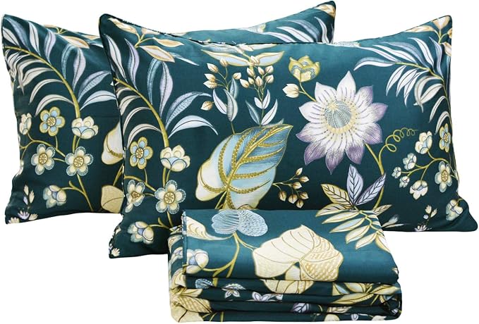 FADFAY Sheets Set King Teal Elegant Floral Bedding Tropical Plam Leave Sunflower Bedding 800 Thread Count Luxury Summer Sheets 100% Egyptian Cotton Deep Pocket Bed Sheets Set, 4 Pieces-King Size