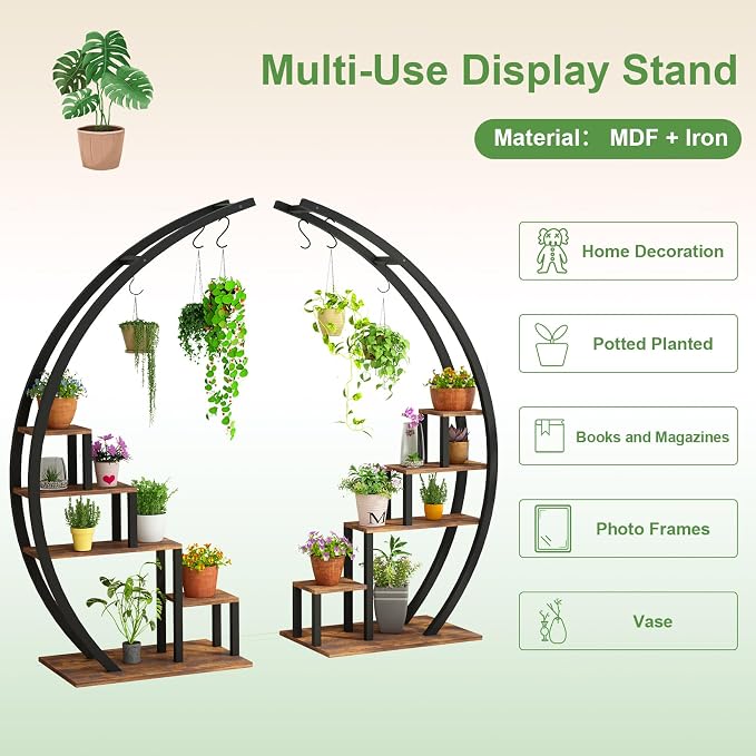 5 Tier Tall Plant Stand Indoor, Half Moon Metal Plant Shelf (2 Pack) for Multiple Plants - Space-Saving Curved Design, Sturdy Indoor/Outdoor Flower Rack, Brown
