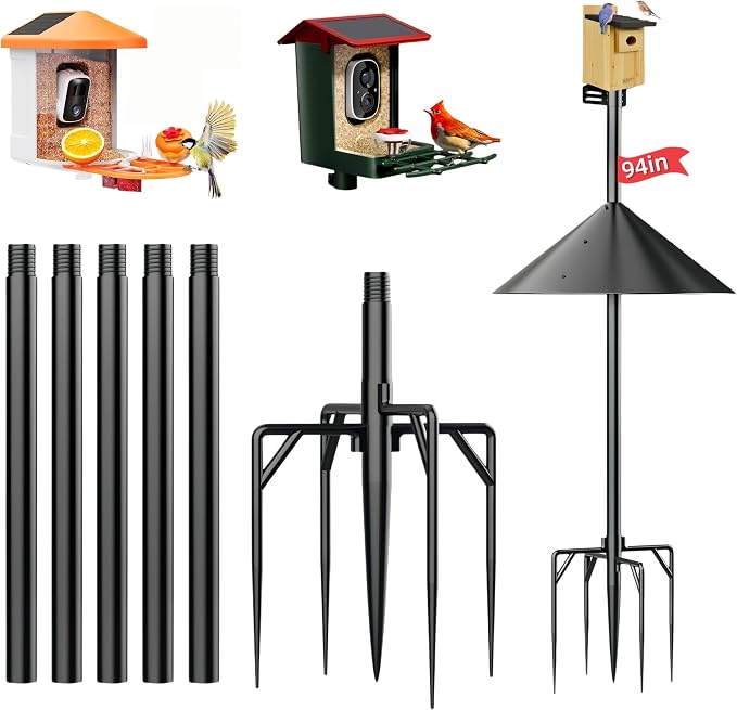 NSYOOMH Dia 1 Inch Bird Feeder Pole with 19" Proof Squirrel Baffle, Heavy Duty Metal, Bird House Pole Compatible Mount for Smart Camera Birdfeeder, Outdoor Feeding Station Stand Kit - 94"