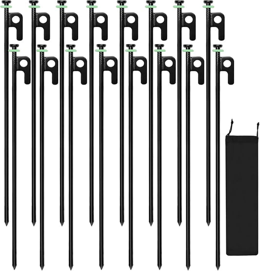16Pcs Tent Stakes, 16in Heavy Duty Tent Stakes with Storage Pouch, Forged Steel Tent Sakes Metal, Metal Stakes for Tent Used on Grassland, Snowfield, Dessert(16Pcs, 16in, Diameter 1/4")