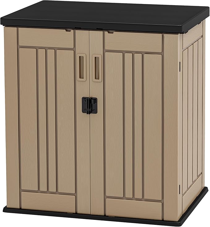 DWVO Outdoor Storage Cabinet with 2 Shelves, Waterproof Horizontal Plastic Storage Shed with Lockable Door, 15 cu. ft. Patio Tools Storage Box for Patio, Garden, Backyard, Deck, Brown