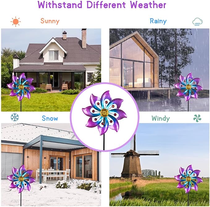DREAMYSOUL Wind Spinners Outdoor, 9.6" Dia*40" H Metal Garden Pinwheels, Kinetic Wind Spinners for Yard and Garden Lawn Art Decor (Purple)