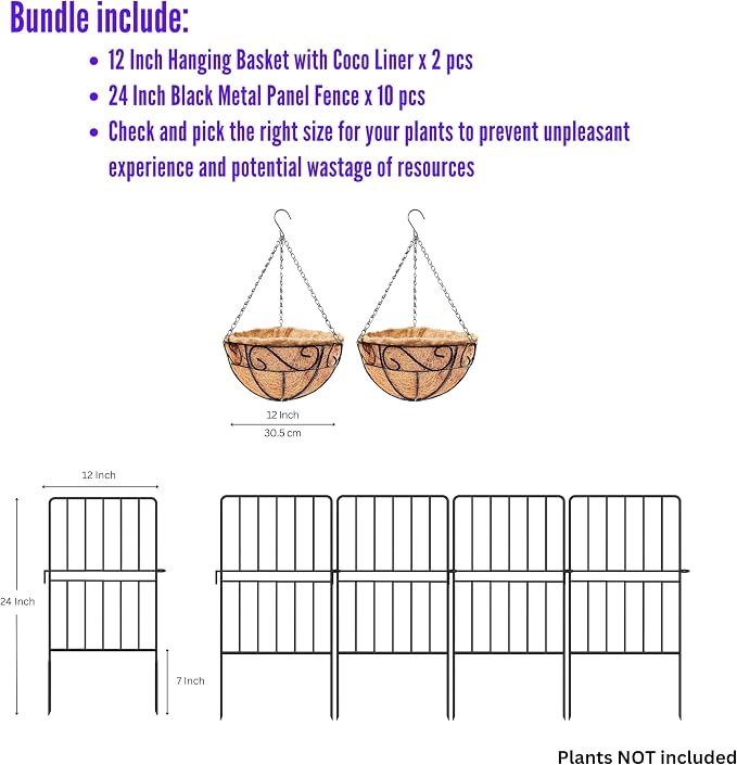 LaLaGreen Bundle- 2 Pack, 12 Inch Hanging Basket with Coco Liner + 10 Pack,24 Inch Decorative Garden Fence Black Metal Wire Landscape Edging Balcony Patio Porch Flower Plant Pot Farmhouse Style Garden