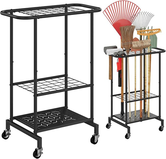 Garden Tools Organizer Rack, Yard Tool Rack with Wheels, Heavy Duty Steel Yard Tool Organizer and Storage Holder Broom Holder for Shed, Patio, Outdoor (Rack with Wheels)
