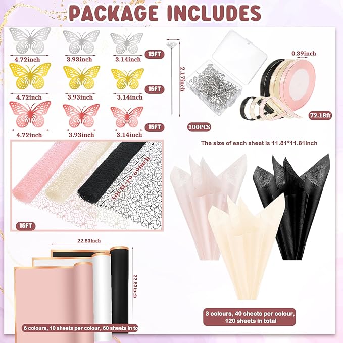 Qilery 334 Pcs Flower Wrapping Paper Set,153 Waterproof Floral Bouquet Wrapping Paper,72 3D Gold Butterfly Decoration,100 Pins, 6 Crowns and 3 Ribbons for DIY Craft(Pretty Color)