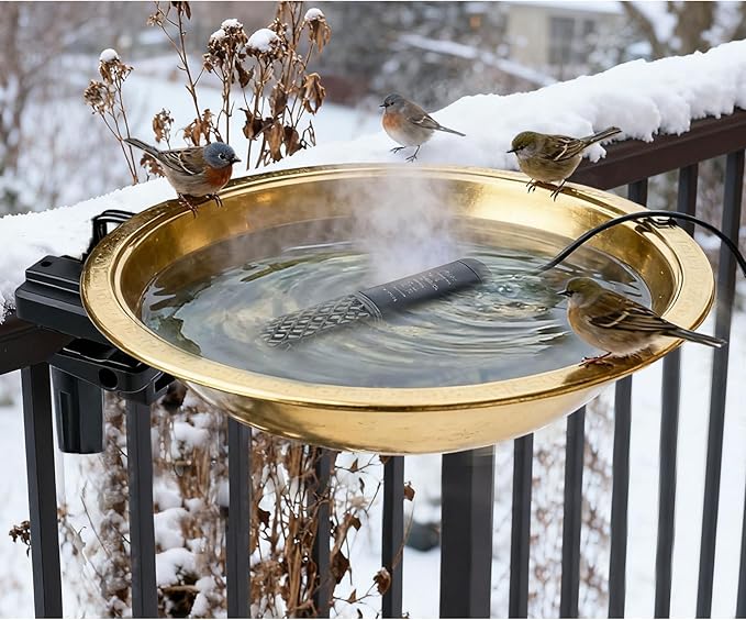 12" Heated Bird Bath 50W Heater Railing/Fence Mount Golden Metal Bird Water Feeder for Deck/Balcony/Porch