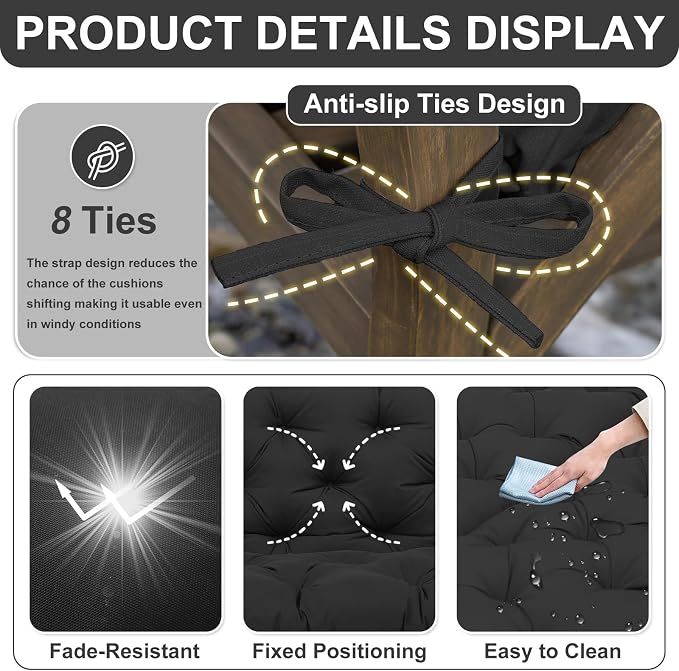 Porch Swing Cushions 70 inch Waterproof & Fade Resistant Thicken 5" Outdoor Swing Cushions 3 Seater Replacement with Backrest & Ties Patio Swing Cushions for Outdoor Furniture (Black)