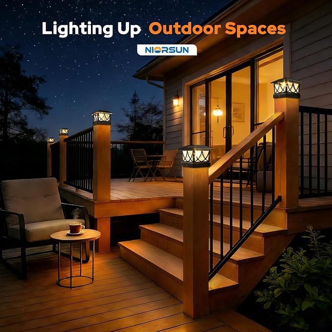 NIORSUN Solar Post Lights Outdoor, Fence Post Solar Lights with 3 Color Temps &2 Brightnesses, Edison LED Bulbs Fence Deck Decor, 4x4 Posts Caps, 4x4 &5x5 Vinyl, 4x4 &6x6 Wooden (4 Pack,Black)