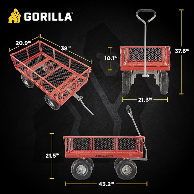 Gorilla Carts Steel Utility Cart, 4 Cu Ft Bed, 800 lb Load Capacity, Red – Heavy-Duty Outdoor Hauling Wagon with Removable Side Panels for Yard, Lawn, Garden or Landscaping