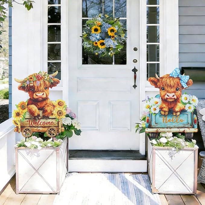 hogardeck Garden Decor for Outside, Set of 2 Metal Highland Cow Decorative Garden Stakes with Sunflower for Yard Decor, Welcome Sign Yard Art for Outdoor Lawn Porch Backyard Spring Decorations