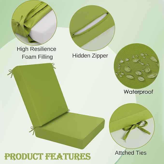 idee-home Outdoor Patio Dining Chair Cushion, High Back Density Foam Chair Cushions Seat with Removable Cover, WeatherResistant Indoor Deep, Green