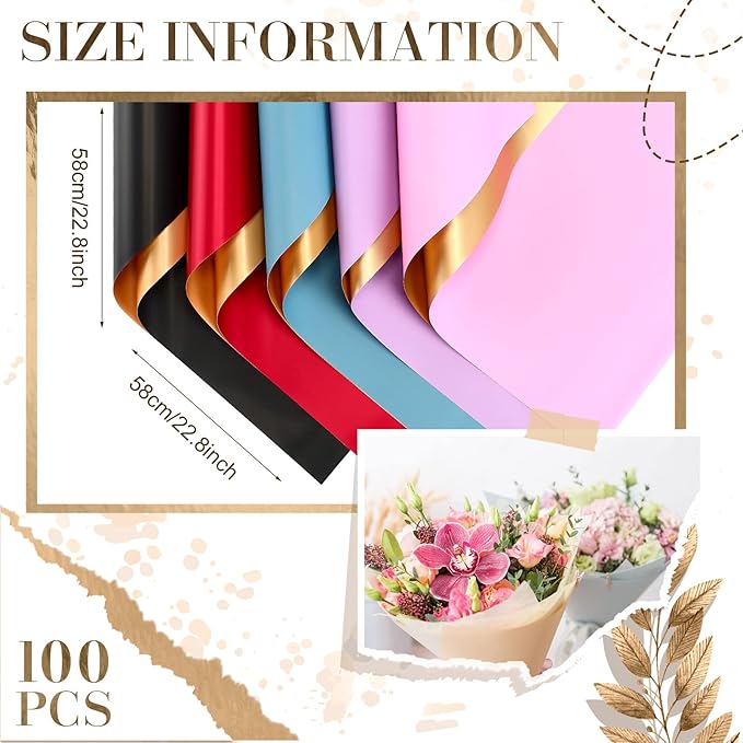 Nezyo 100 Sheets Waterproof Flower Wrapping Paper Double Sided Golden Floral Paper Korean Wrapping Bouquet for Bridal Wedding Mother's Day DIY Florist Craft Gift Supplies, 23 x 23 Inch
