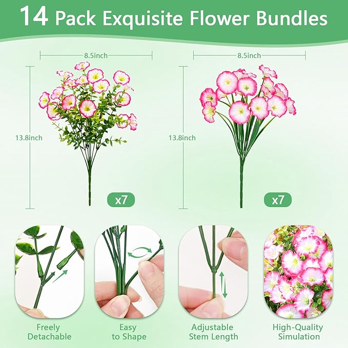 Yastouay Artificial Flowers for Outdoors, 14 Bundles Fake Outdoor Flowers, UV Resistant Artificial Plants & Flowers for Decoration, Pink Realistic Morning Glory for Outdoor Porch Garden Decoration