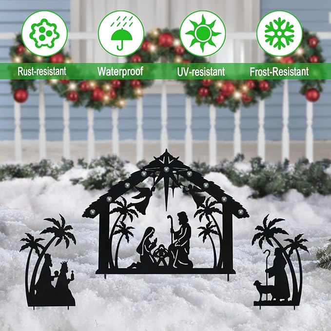 Solar Nativity Scene Outdoor,3Pack Lighted Outdoor Christmas Decorations,Metal Silhouette Nativity Set Outside for Yard Garden Stake