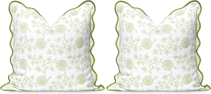 Hofdeco Premium Coastal Patio Indoor Outdoor Scalloped Throw Pillow Cover Only, 20"x20" Water Repellent for Backyard, Couch, Green Print Dahlia Floral (Pack of 2)