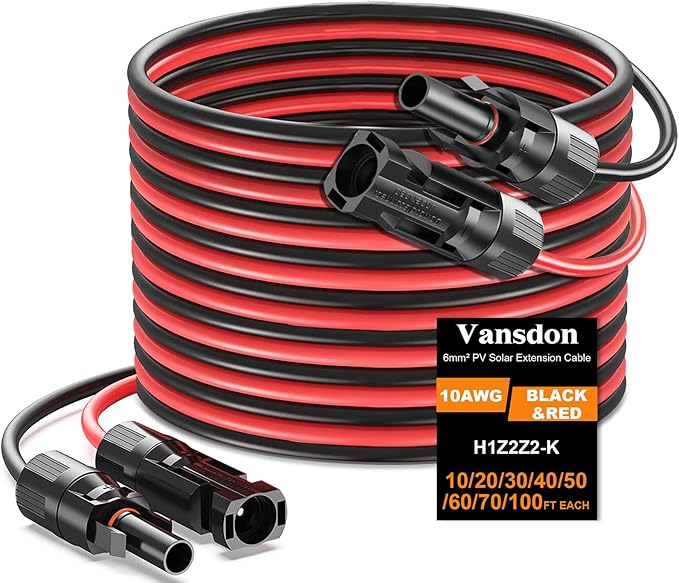 Vansdon 2x20 Feet Solar Panel Extension Cable, 10AWG Solar Cable, Solar Panel Cable with Female and Male Waterproof Connectors for RV, Photovoltaic Systems (20FT Red + 20FT Black)