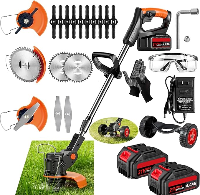 21V Cordless Weed Wacker, Electric Weed Eater Brush Cutter Lawn Edger - 3.9 lbs Lightweight Weed Trimmer with 3 Types Blades, Adjustable Height & Cutting Angle for Yard Garden Lawn Care