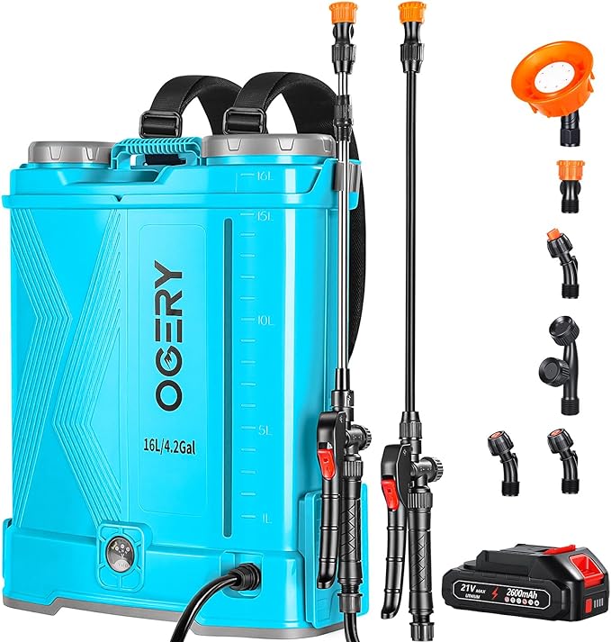 OGERY Battery Powered Backpack Sprayer 4 Gallon, 2.6Ah 21V Battery Electric Pump Sprayer with 6 Nozzles, Telescopic Stainless Steel + Plastic Wand for Lawn Garden Weed Yard Cleaning (Charger Included)