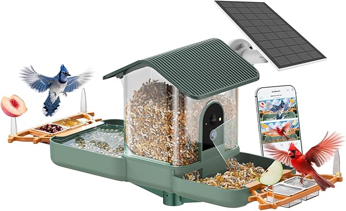 Dual-Lens Bird Feeder with Camera & Bird Bath Combo, Watch Birds Eat & Bathe with WiFi 2K HD Video, Auto Record, AI Recognition, APP Alerts, Solar Powered, for Backyard Garden Porch Fence Decor