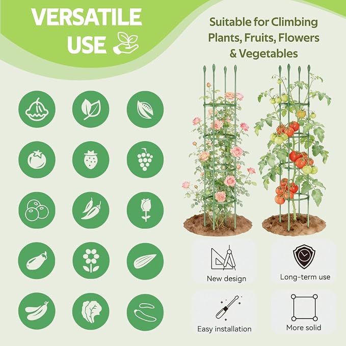 2 Pack Tomato Cages for Garden - Heavy Duty Tomato Trellis for Climbing Plants Vines Outdoor & Indoor - 63 Inch Adjustable Tall Tomato Cage Plant Support Stakes for Pots Raised Garden Bed
