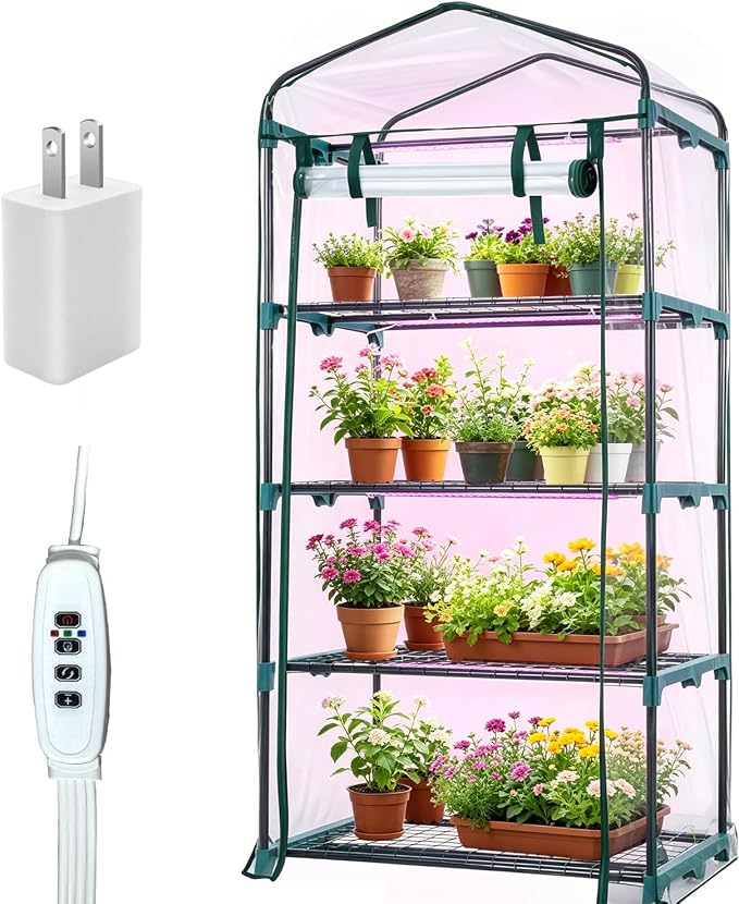 ArtBeek Mini Green House Covers, Portable Plastic Greenhouses with Heavy Duty Transparent PVC with Plant Growing Lights (4_Tier)