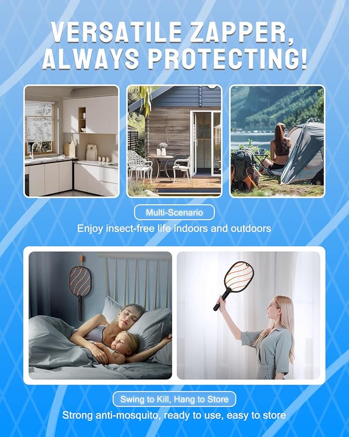 Mosiller Electric Fly Swatter, 3800V Handheld Bug Zapper Racket, Type-C Rechargeable, Mosquito Zapper for Indoor Outdoor, 3-Layer Safety Mesh, Easy to Use, Lightweight (Black-Basic 1 Pack)