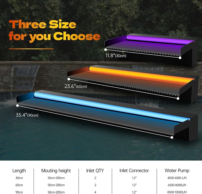 Pamopamo Pool Waterfall Spillway Stainless Steel Pond Fountain, APP Control Colorful LED Lighted Outdoor Black Fountains, Water Flow Spillways Kit for Koi Pond, Swimming Pool, Garden-35.4"x7.8"x3.9"