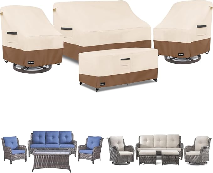 ANartcle Patio Furniture Covers 4 Piece Set, 600D Waterproof Heavy Duty Outdoor Furniture Covers,Fit Wicker Patio Sofa, Swivel Rocker Chair and Coffee Table,Beige&Brown