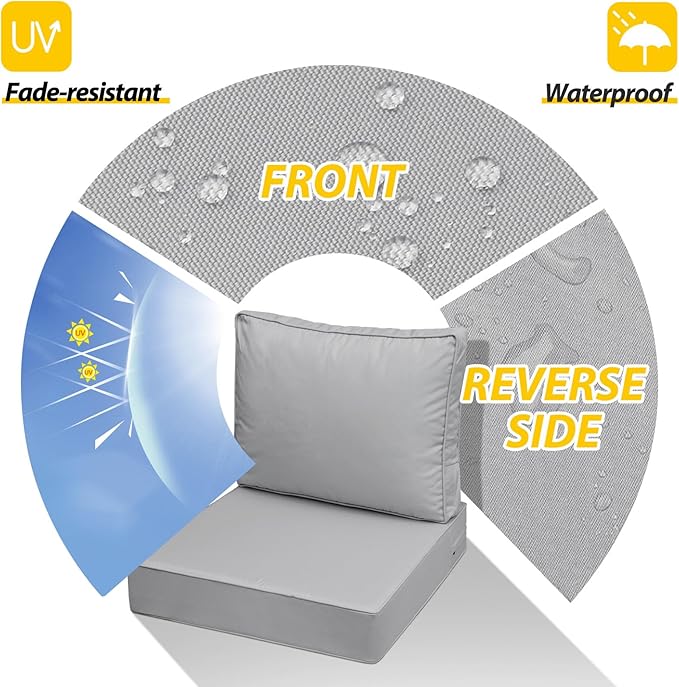 AAAAAcessories Outdoor Deep Seat Cushions with Double Welted Pillow, Waterproof, Fade-Resistant Patio Furniture Replacement Cushions, 24" x 24" x 5" + 24" x 19", Gray