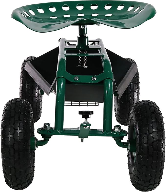 Sunnydaze Rolling Garden Cart with Seat - Garden Stool with Wheels and Adjustable 360-Degree Swivel Seat - Utility Tool Tray and Storage Basket - Green