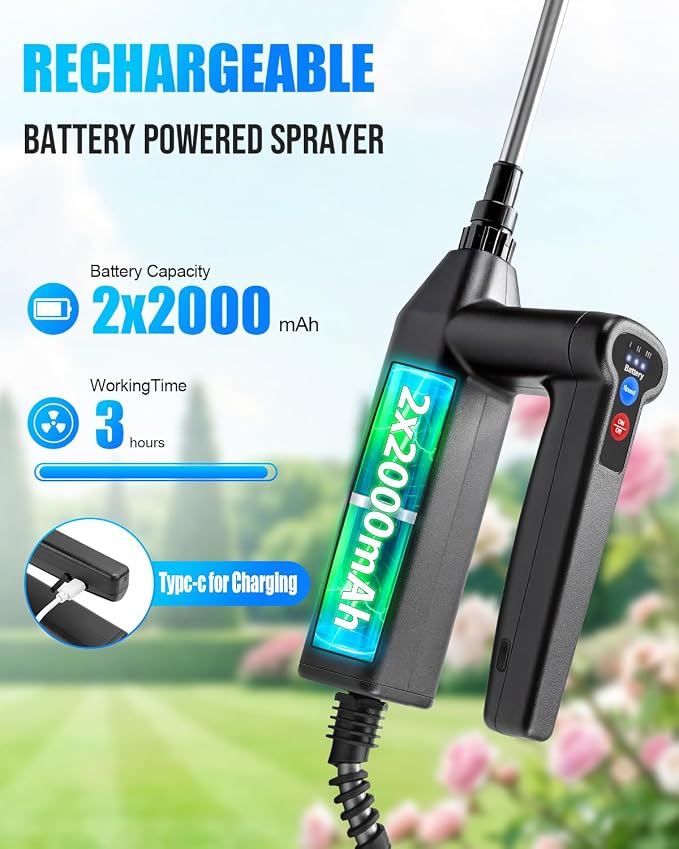 Battery Powered Sprayer 2 Gallon, Electric Weed Sprayer with 3 Adjustable Pressure Levels, 4 Nozzles & Extendable Wand, Rechargeable Garden Sprayer for Yard, Lawn, Plants & Fertilizer