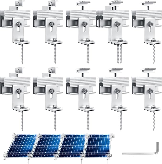 10 Pcs Solar Panel Mounting Brackets Kit for 1-4 Pieces Adjustable Aluminum Alloy Mounting Stand Support Photovoltaic Flat Pitched Roof Bracket for Slate, Tile, Cement, Wooden, Tin Roof